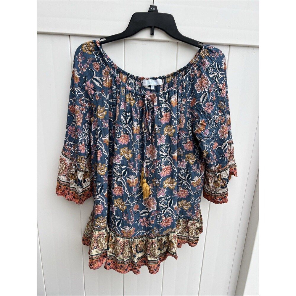 Bunulu Women’s Top Boho Off The Shoulder Floral Colorful Sz 1X Tassles